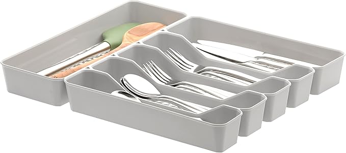 Spectrum Diversified Hexa Drawer Organizer Tray Modern Kitchen Cutlery, Utensil, Silverware Holder Caddy, 6 Dividers Cabinet Storage, 13 x 16, Stone Gray