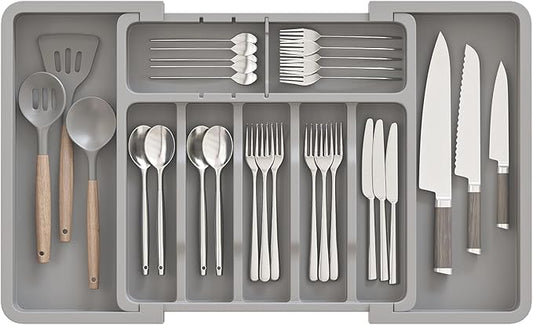 Silverware Organizer, Expandable and Adjustable Kitchen Utensil Drawer Organizer, Plastic Cutlery Holder with Multiple Compartments, Cutlery Holder,for Spoons Forks Knives, Grey, UAFD011G