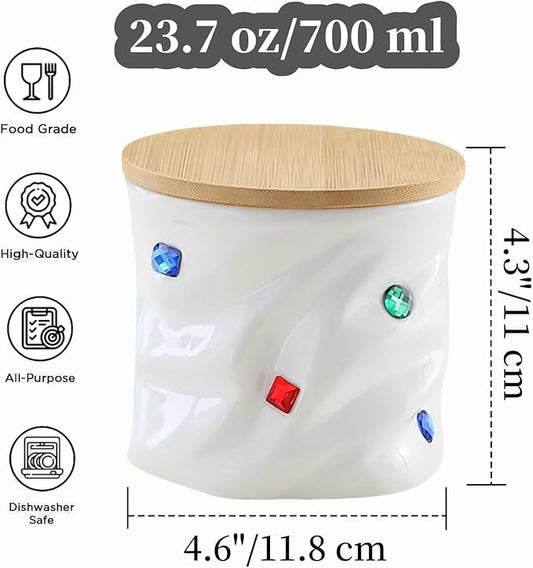 Ceramic Jar with Lid, Food Storage Jars with Bamboo Airtight Lids, Pantry Organizers and Storage Canisters for Tea, Sugar, Candies, Coffee Beans Canister (23.7 oz-white)