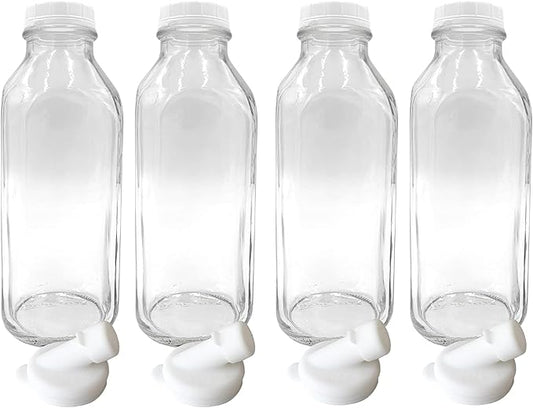 The Dairy Shoppe Heavy Glass Milk Bottles - Jugs with Lids and Silicone Pour Spouts - Clear Milk Containers for Fridge - Reusable Glass Milk Jug Dispenser - Made in USA (33.8 oz, 4 Pack)
