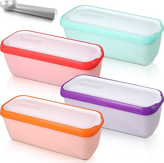 Nuenen 4 Pcs Reusable Ice Cream Containers with Lids and a Scoop 1.5 Quarts Plastic Rectangle Dessert Storage Tubs Homemade Ice Cream Storage Containers for Freezer Kitchen Refrigerator (Cute Colors)