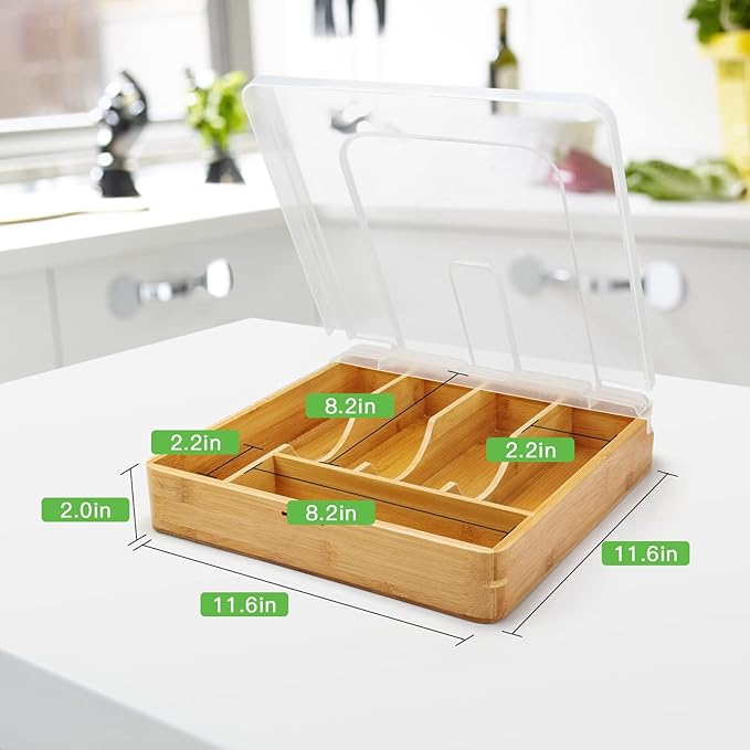 Bamboo Silverware Organizer,Wooden Silverware Tray for Drawer, Utensil Drawer Organizer in Kitchen for Spoons Forks Knives, Multipurpose Use, Eco-Friendly, Large