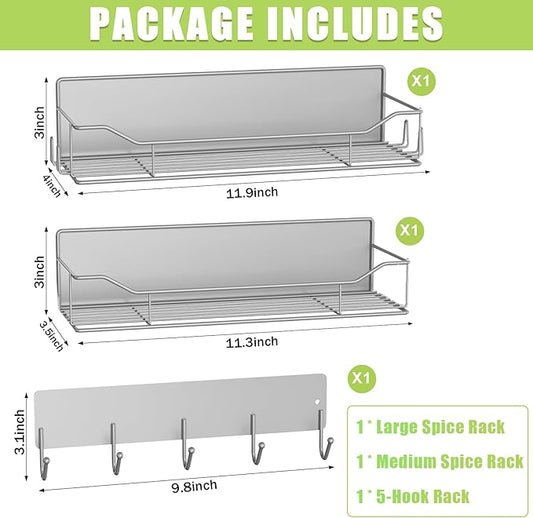 Magnetic Spice Rack for Refrigerator, 3 Pack Metal Magnet Spice Organizer Shelf with Hook Rack, Magnetic Fridge Shelves for Kitchen Organization and Storage, Seasoning Organizer Gadgets (Grey)