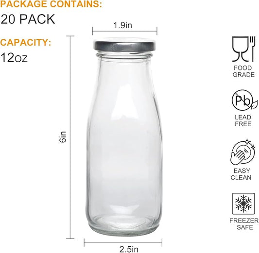 QAPPDA 12 oz Glass Bottles, Clear Glass Milk Bottles with Silver Metal Lids, Vintage Breakfast Shake Clear Container, Vintage Drinking Bottle with Whiteboard Labels and Pen for Party,Kids,Set of 20