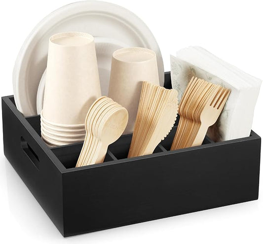 Black Wood Utensil Holder for Party - Paper Plate Organizer for Countertop - Silverware Caddy with 6 Compartments for Plate Cup Fork Spoon - Cutlery Holder for Kitchen Camping Buffet