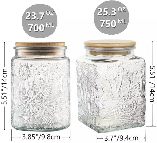 Vintage Glass Jar Canister, 25.3 OZ Glass Food Storage, Decorative Sunflower Jar for Coffee, Tea, Candy & Sugar