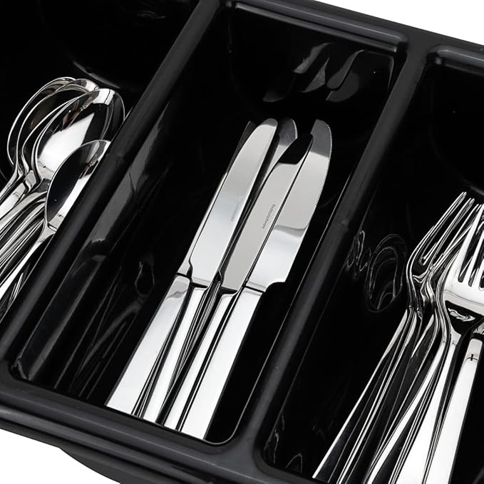 Restaurantware-21.9 x 14.2 x 3.5 Inch Silverware Organizer, 1 Crack-Resistant Cutlery Tray - 4 Compartments, Built-In Handles, Black Plastic Utensils Drawer Holder, For Kitchen Organization