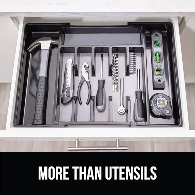 GORILLA GRIP Expandable Rubber Lined Silverware Organizer for Kitchen Drawers, Grip Feet to Stay in Place, Utensil Drawer Tray, Maximize Flatware Storage, BPA-Free Adjustable Cutlery Holder, Black