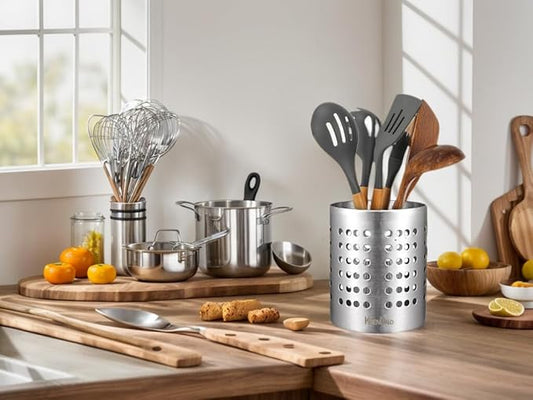 KSENDALO Kitchen Stainless Steel Utensil Holder, 18/10(304) Heavy Thick Utility Sturdy Silverware Drying Holder for Kitchen Home and Office, 7.3 Oz, Diameter 4.33"(M)