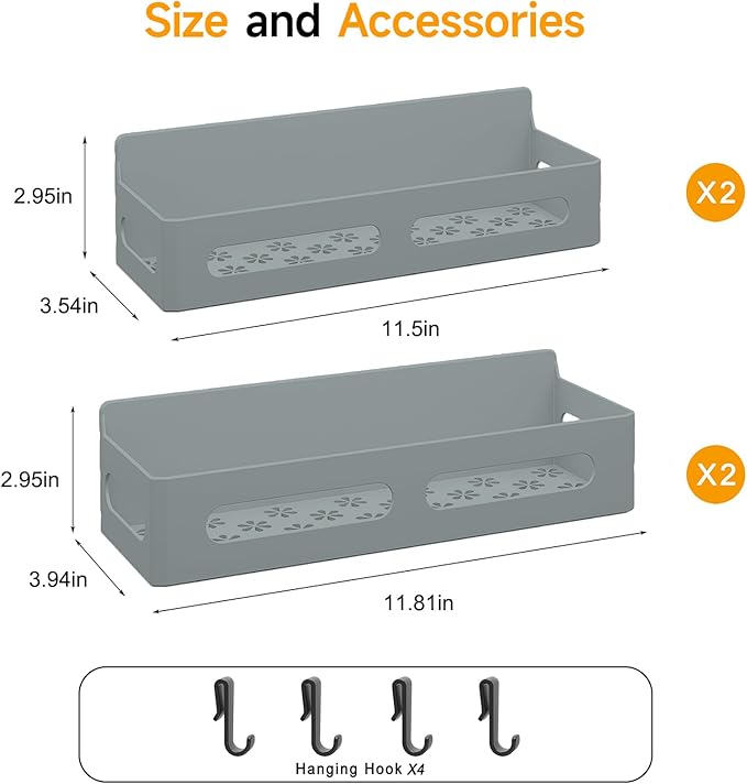 4 Pack Magnetic Spice Rack for Refrigerator, Spice Rack Organizer, Moveable Magnetic Shelf Fridge Organizer with 4 Hooks for Kitchen and Oven Organization, Grey