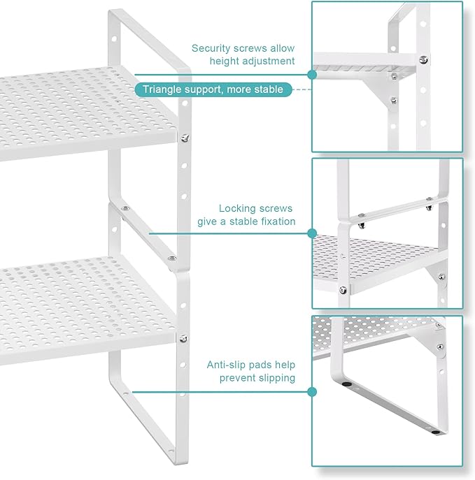 Expandable Cabinet Organizer Shelves,Metal Adjustable Height Spice Racks,D:10.24" x W:16.5"-27.2" Stackable Storage Shelves for Cabinet,Pantry,Counter,Cupboard,2 Packs Kitchen Under Sink Storage Racks