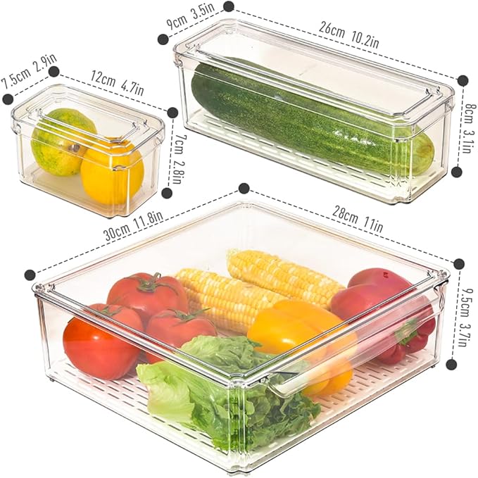 Stackable Refrigerator Organizer Bins with Lids, Fridge Organization and Storage Containers, BPA-Free Plastic Pantry Bins for Fruits, Vegetable, Drinks With Drain Tray, Set Of 10