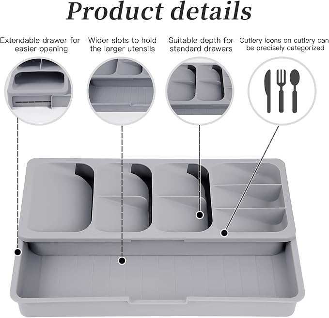 Silverware Organizer Storage Tray,Cutlery Expandable Organizer for Kitchen Drawer Holding Flatware Spoons Forks, 15.8” x 6.5” x 2.2”, GREY