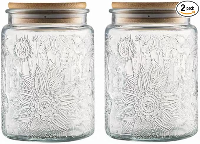 ANSQU 2 Pack Vintage Glass Storage Jar, 23.7 FL OZ Glass Food Storage Containers with Bamboo Lid, Candy Jars with Lids for Kitchen Counter, Pantry, Coffee, Tea, Sugar