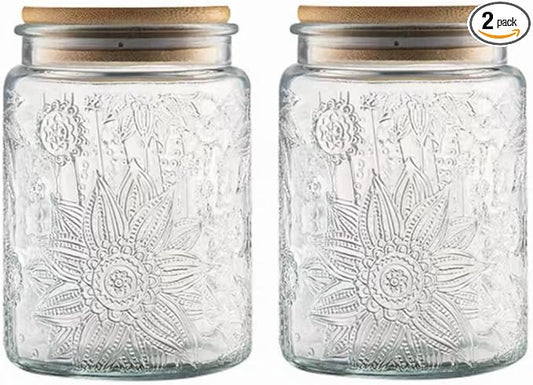 ANSQU 2 Pack Vintage Glass Storage Jar, 23.7 FL OZ Glass Food Storage Containers with Bamboo Lid, Candy Jars with Lids for Kitchen Counter, Pantry, Coffee, Tea, Sugar