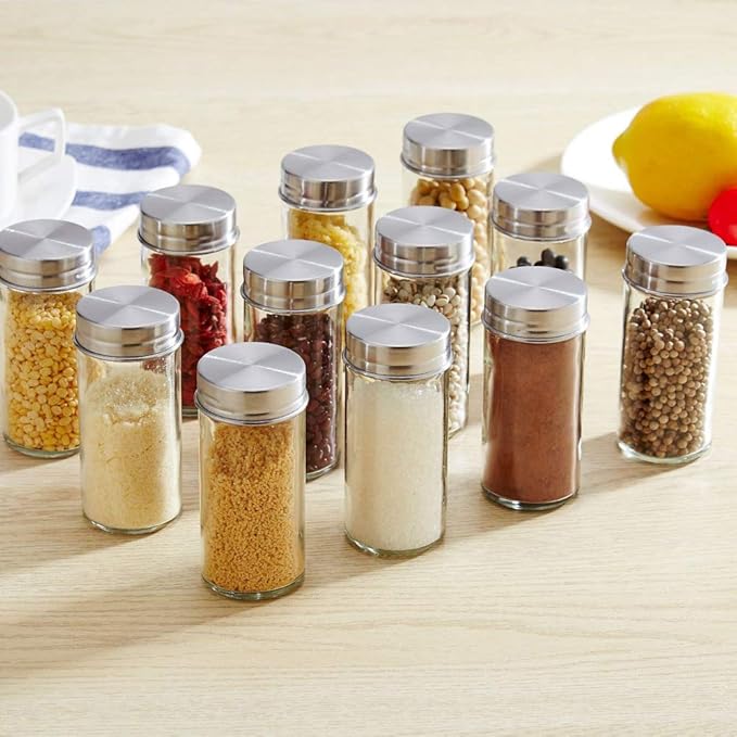 TINMIX Revolving Spice Rack Organizer with 12 Jars, Countertop Spice Seasoning Rack Tower with 12 Glass Bottles Refillable for Kitchen Cabinet, Stainless Steel, Silver
