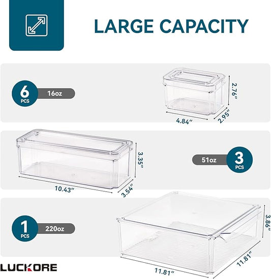 10 Pack Clear Fridge Organizer, Stackable Refrigerator Organizer Bins with Lids, Fridge Storage Containers for Kitchen, Food, Cabinets, Fruits, Vegetables, Cereals