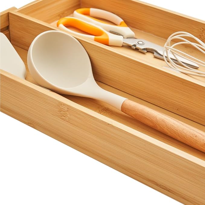 Bamboo Expandable Drawer Organizer for Utensils,16" Utensil Holder and Cutlery Tray.