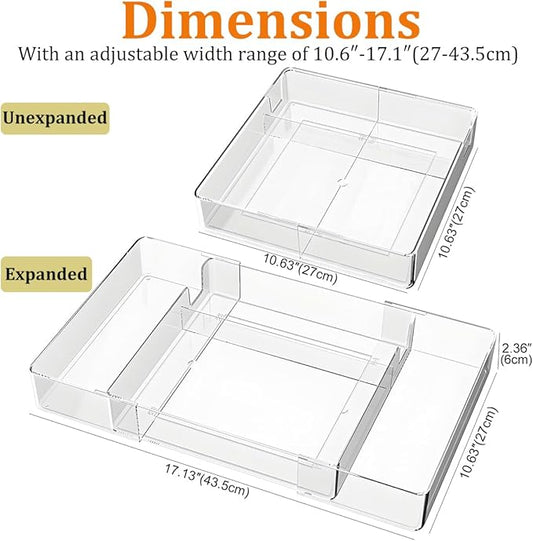 Expandable Adjustable Kitchen Drawer Organizer - Clear Multi-Purpose Tray for Silverware, Cutlery, Utensils, Stationery, Home Office Tools - Customizable Storage for Forks,Knives,Spoons,Pens