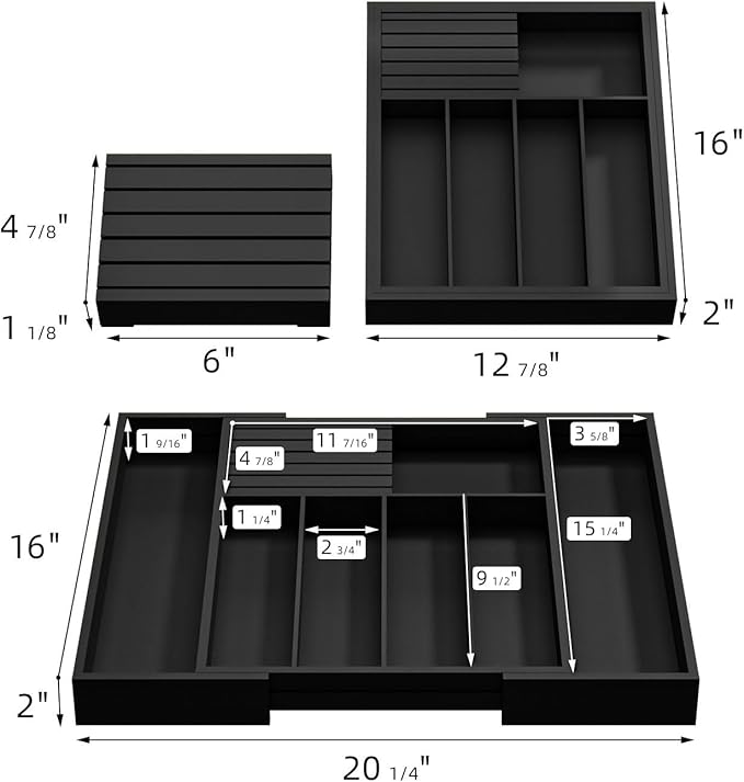 Utensil Organizer Silverware Tray for Drawer - Bamboo Knife Drawer Organizer Expandable Cutlery Organizer in Drawer Knife Block W12.8-20.2" x L16 x H2 (Black)