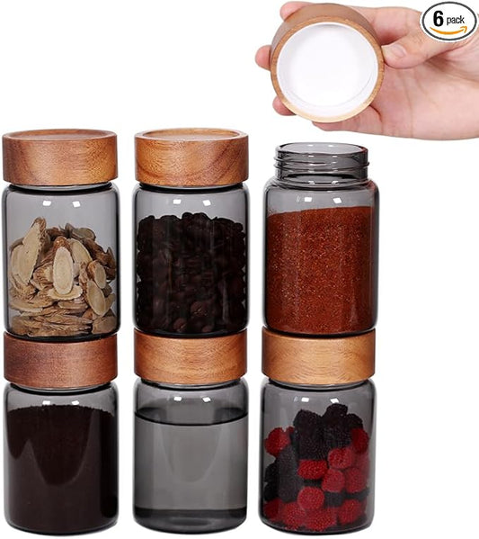 SAIOOL 6 Pcs Small Grey Glass Spice Jars with Label,High Sealing Threaded Mouth, 8.79oz /260ml*6,Empty Cylinder Spices Bottles,Storage Jars with Airtight Screw Lids,Retro Style