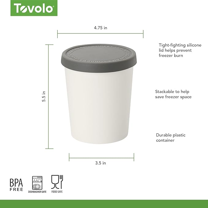 Tovolo Sweet Treat, Reusable Ice Cream Container for Homemade Ice Cream, Charcoal - 1 Quart Stackable Storage Tubs with Silicone Lids for Freezer - BPA-Free & Dishwasher-Safe