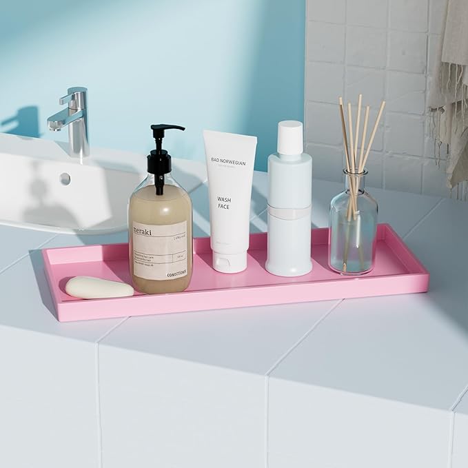 Vanity and Bathroom Tray, 15" ABS Countertop Organizer,Waterproof Vanity Tray for Toilet Tank,Perfume,Soap,Keys,Bathroom Accessories,Kitchen and Bath Trays,Non Slip Small Trays,Pink