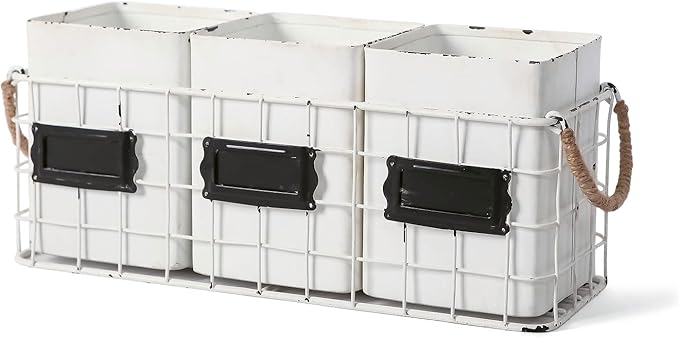 NIKKY HOME Farmhouse 3 Compartment Flatware Cutlery Caddy Countertop Silverware Holder for Spoons, Knives, Forks - White