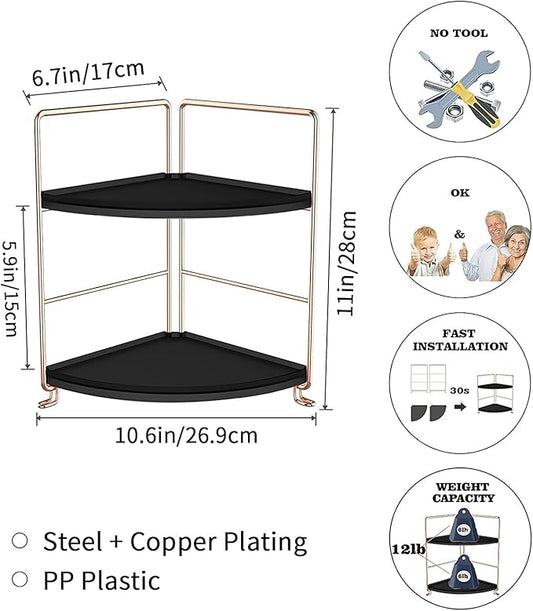 Kitchen Spice Rack Standing Shelf, 2-Tier Corner Storage Shelf, Bathroom Countertop Organizer, Vanity Tray Cosmetic & Makeup Storage,Rose Gold&Black
