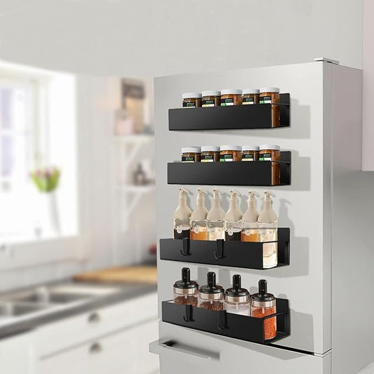 4 Pack Magnetic Spice Storage Rack Organizer for Refrigerator and Oven, Moveable Magnetic Spice Organizer, Black Metal Strong Magnetic Shelf for Fridge and Microwave Oven