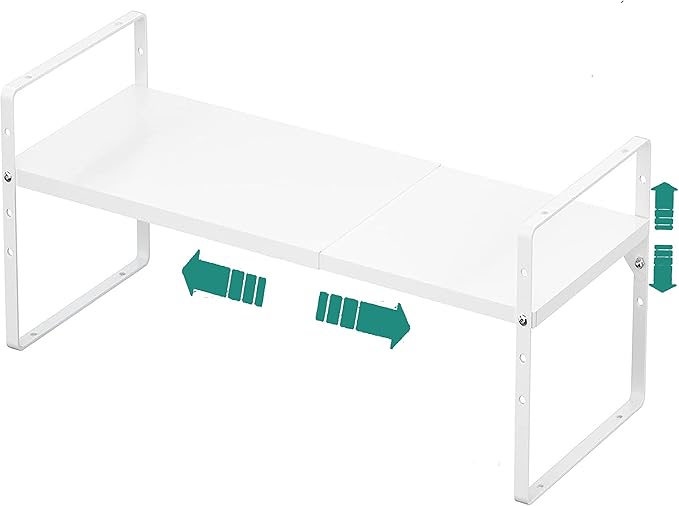 Expandable Cabinet Shelf Organizer Rack, Stackable Kitchen Counter Storage Shelves Stand, Adjustable Height Pantry Shelf Spice Rack, Heavy Duty Nonslip White Small 1Pack