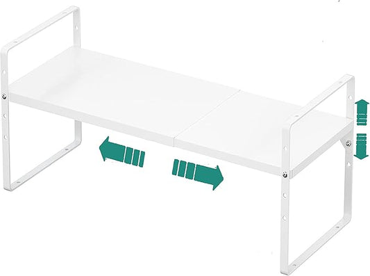 Expandable Cabinet Shelf Organizer Rack, Stackable Kitchen Counter Storage Shelves Stand, Adjustable Height Pantry Shelf Spice Rack, Heavy Duty Nonslip White Large 1Pack