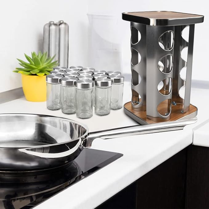 Revolving Countertop Spice Rack, 16 Jars Stainless Steel Rotating Seasoning Storage Organizer for Cabinet, Spice Carousel Tower for Kitchen