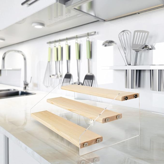 Homakover Tiered Acrylic Wood Spice Rack - 3 Tier Clear Stand Step Can Organizer for Kitchen Cabinet & Countertop Storage