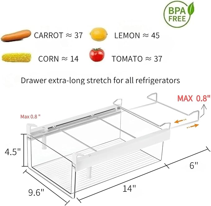 Large Fridge Drawer Organizer 14in-20in Upgradation Refrigerator Undershelf Drawer, Extra-Deep Storage Deli Meat, Cheese, Eggs, Fruit, Vegetable