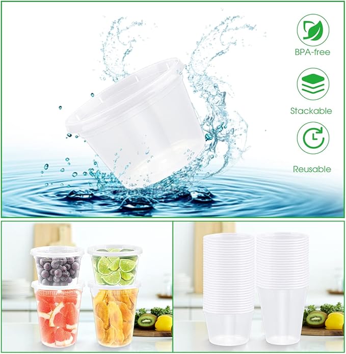 [50 Pack,16oz, 32oz ] Food Storage Containers with Lids- BPA-Free | Leakproof | Airtight | Stackable Plastic Deli Containers (Includes 10 Spoons & 10 Forks) , Dishwasher, Microwave & Freezer Safe