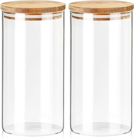 Labina Glass Storage Container Airtight Food Jars Kitchen Canister with Wood Lids, 40 Oz Wide Mouth Pantry Organization Glass Jar for Flour, Sugar, Cookie, Spagetti, Candy and Nuts (2 Pack)
