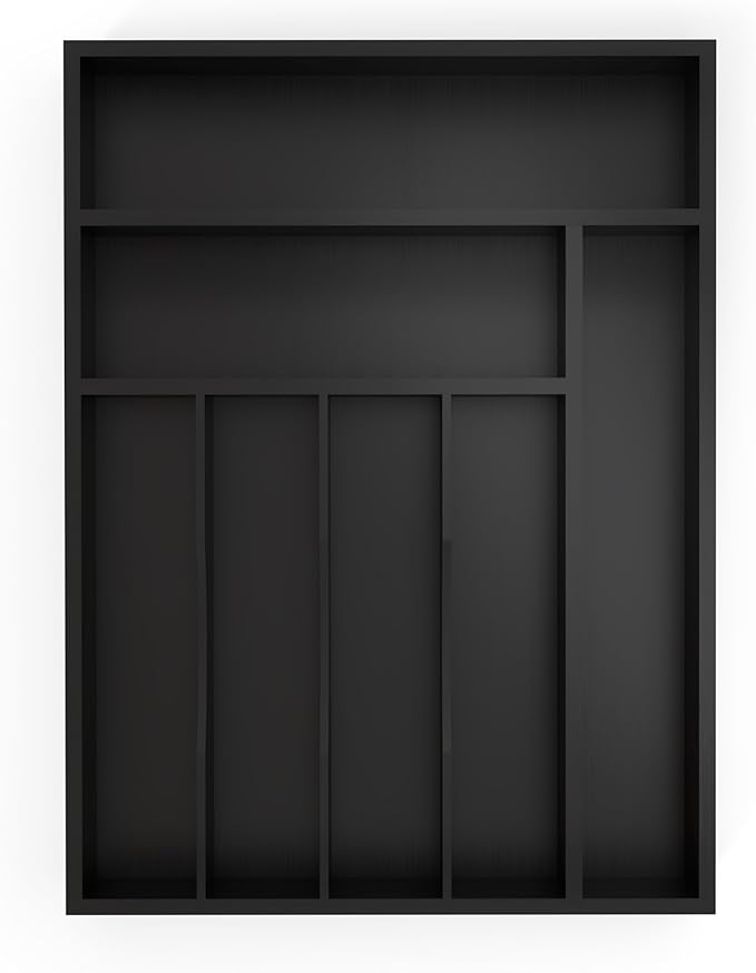 Bamboo Silverware Organizer, Kitchen Drawer Organizer, Utensil Holder, Cutlery Tray & Spoon Flatware Storage with Grooved Drawer Dividers ((7 Slots, Black)