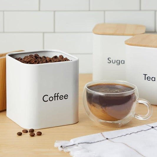 Juvale Coffee Tea Sugar Container Set - White Iron Kitchen Canister Set with Bamboo Lids (3 Pieces, 48 oz)