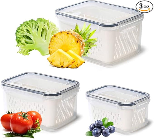 Pack of 3 Fruit Fresh Produce Protector, Grape Container for Fridge, Fruit Saver With Drain Colanders, Partitioned Salad Container, Refrigerator Organizer for Lettuce Berry Food
