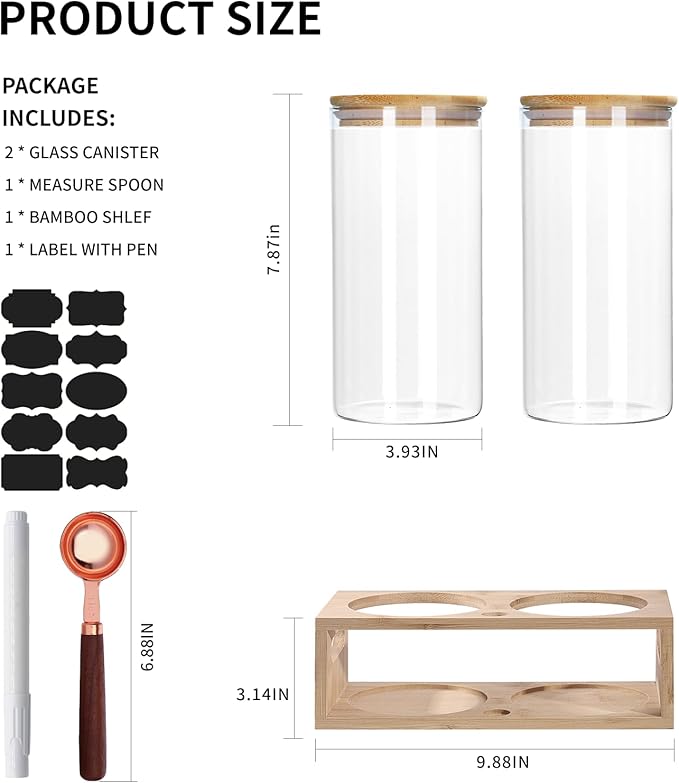 ZOMUIA Glass Coffee Containers Airtight Coffee Bean Storage Jars with Shelf, 2Pcs 44oz Coffee Station Organizer Coffee Canisters, Kitchen Food Storage Jars for Coffee, Sugar, Candy, Oats, Nuts