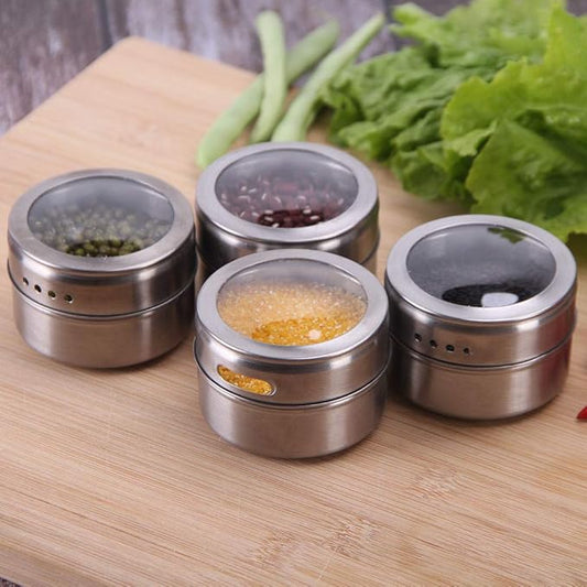 12 Powerful Magnetic Spice Tins- Stainless Steel Spice Storage Containers, Kitchen Spice Jars with Clear Lid with Sift & Pour, Rack Magnetic on Fridge, 120 Spice Labels
