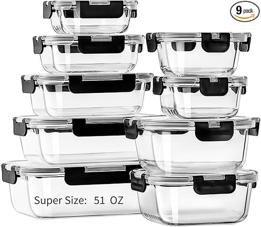 ennogyoson18-Piece Glass Food Storage Containers with Lids Airtight, Meal Prep Container for Lunch, Glass Bento Boxes with Leak Proof Locking Lids, for Microwave, Oven, Freezer and Dishwasher Safe