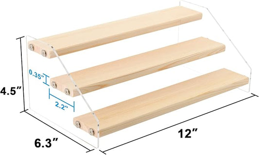 Homakover Tiered Acrylic Wood Spice Rack - 3 Tier Clear Stand Step Can Organizer for Kitchen Cabinet & Countertop Storage