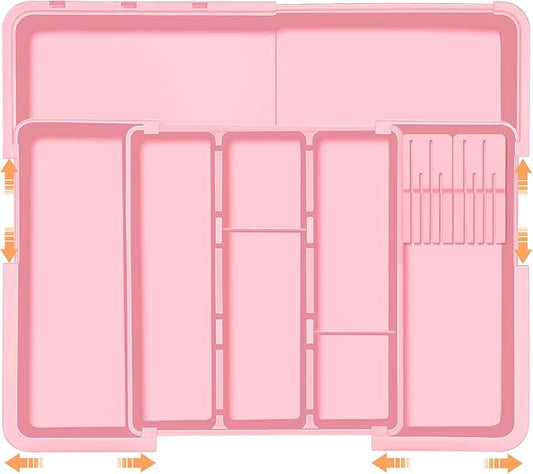 Utensil Drawer Organizer for Kitchen, Expandable Silverware Organizer Cooking Utensils Tray, Large Cutlery and Flatware Holder, Kitchen Tools & Gadgets Storage (Pink)