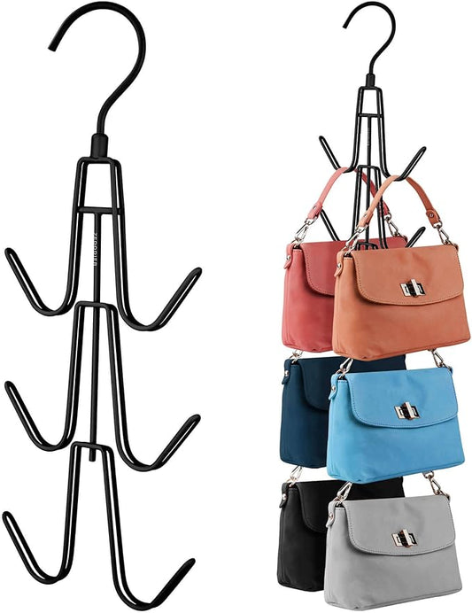 ZEDODIER Purse Organizer for Closet, 3 Pack Rotatable Sturdy Purse Hanger Bag Rack with 18 Hooks, Space Saving Handbag Backpack Holder, Closet Organizers and Storage, Black