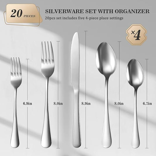20-Piece Silverware Set with Organizer，Heavy Duty Stainless Steel Flatware Cutlery Tableware Set for 4，Includes 5-Compartment Silverware Tray with Cutlery Icons，First Apartment Kitchen Essentials
