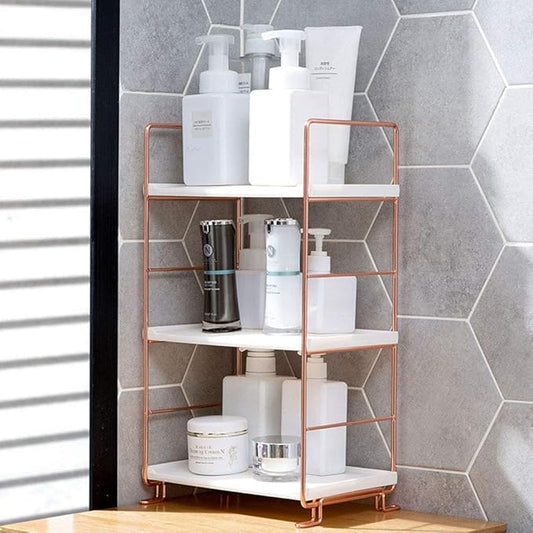 Plastic/Metal Freestanding Stackable Organizer Shelf,Bathroom Countertop Storage Shelf Cosmetic Organizer Holder Kitchen Spice Rack,3-Tier Standing Rack (Rose Gold)