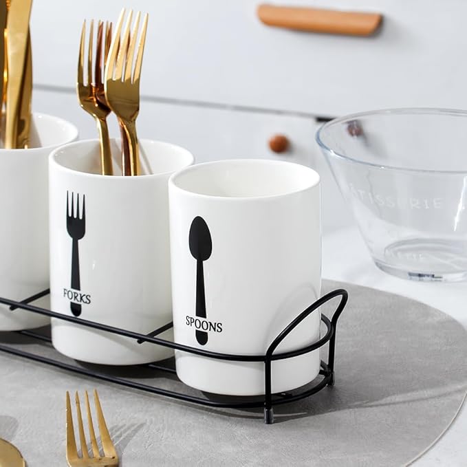 3-Piece White Ceramic Silverware Cutlery Holder with Black Metal Rack, Utensil Holder Flatware Caddy Cutlery Storage Organizer for Kitchen and Countertop (White)