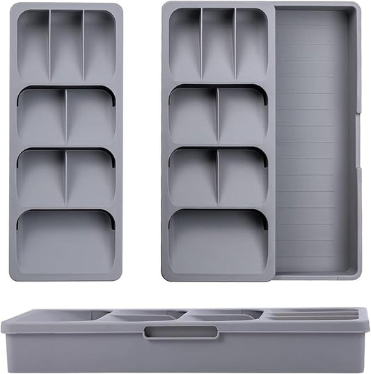 Silverware Drawer Organizer with Expandable Tray for Kitchen Drawer, Adjustable Compact Plastic Kitchen Utensil Storage for Spoons Forks Knives Easy to Access & Save Space
